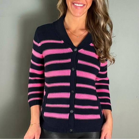 EUC Talbots Navy Blue and Pink Striped Cardigan Sweater - Picture 2 of 2